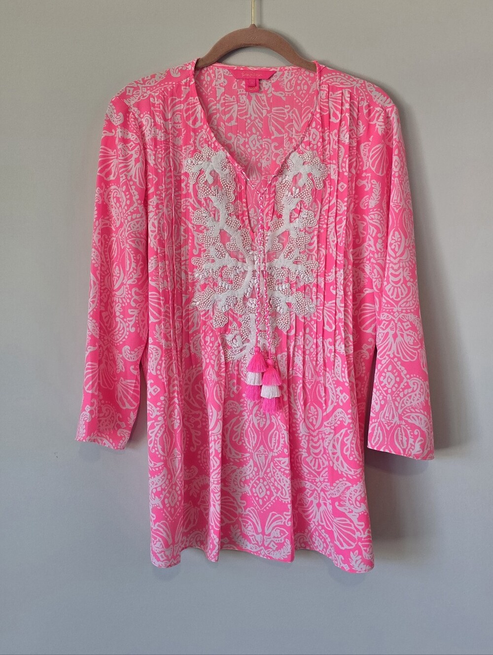 Lilly Pulitzer Marilina Tunic Havana Pink Clawdia Embroidered Tassel M